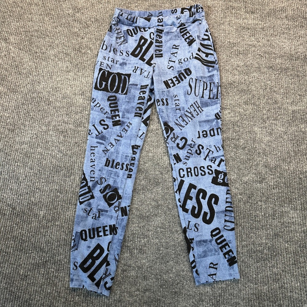 K Too Graphic Print Leggings Medium Blue Typography Elastic Waist Jersey